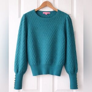 Lilly Pulitzer Teal Diamond-Textured Crewneck Sweater with Gold Buttons Size M